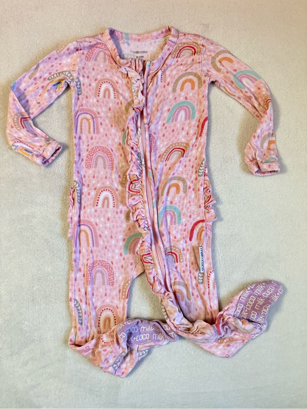 Milk + Coco bamboo footed sleeper in the Rainbow print, 9–12 month